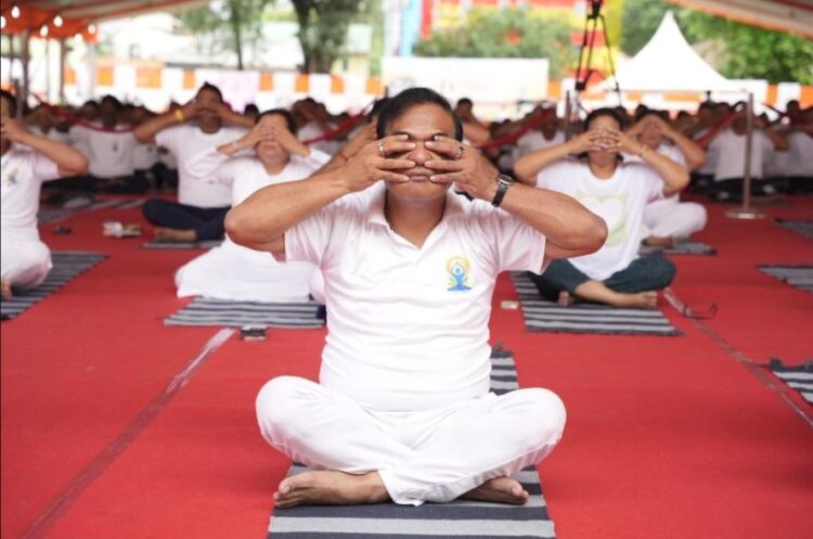 Assam CM Dr Himanta Sarma participates in the State celebrations of the 10th International Day of Yoga at Tezpur.