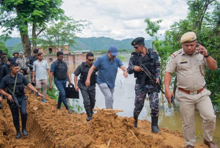 Manipur CM N Biren Singh at flood-hit area for assessment.